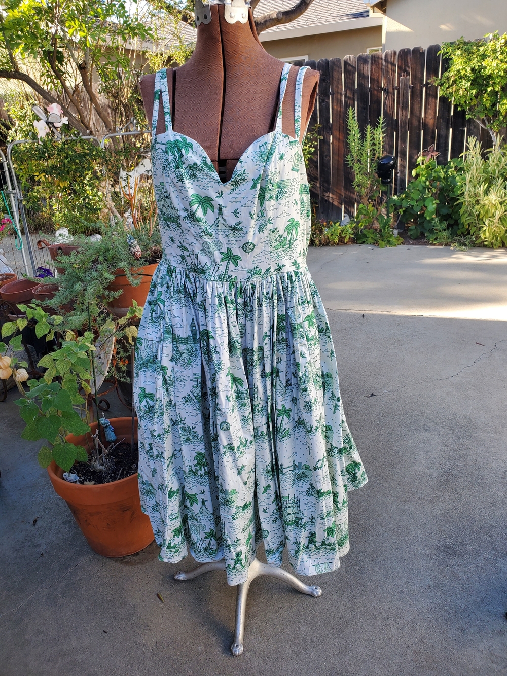 Dapper Day Green and White Printed Midi Sundress with Sweetheart Neckline